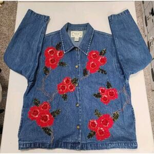 Vintage Tantrums‎ Denim Jean Jacket Red Floral Embroidered Button Front Large
